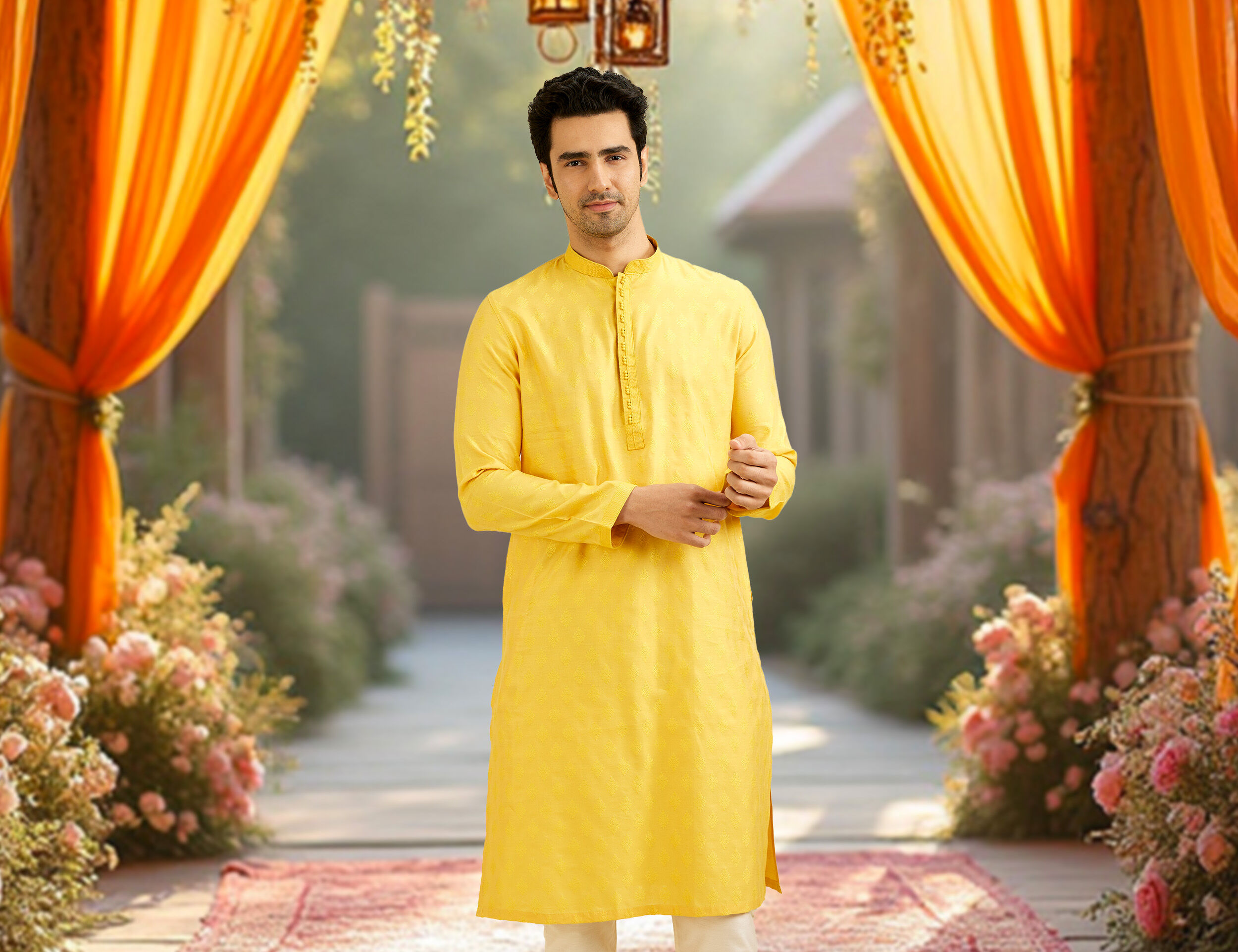 A man in yellow kurta pajama for wedding reception